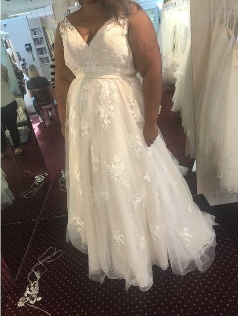 Sleeveless plus size wedding dress with v-neck line