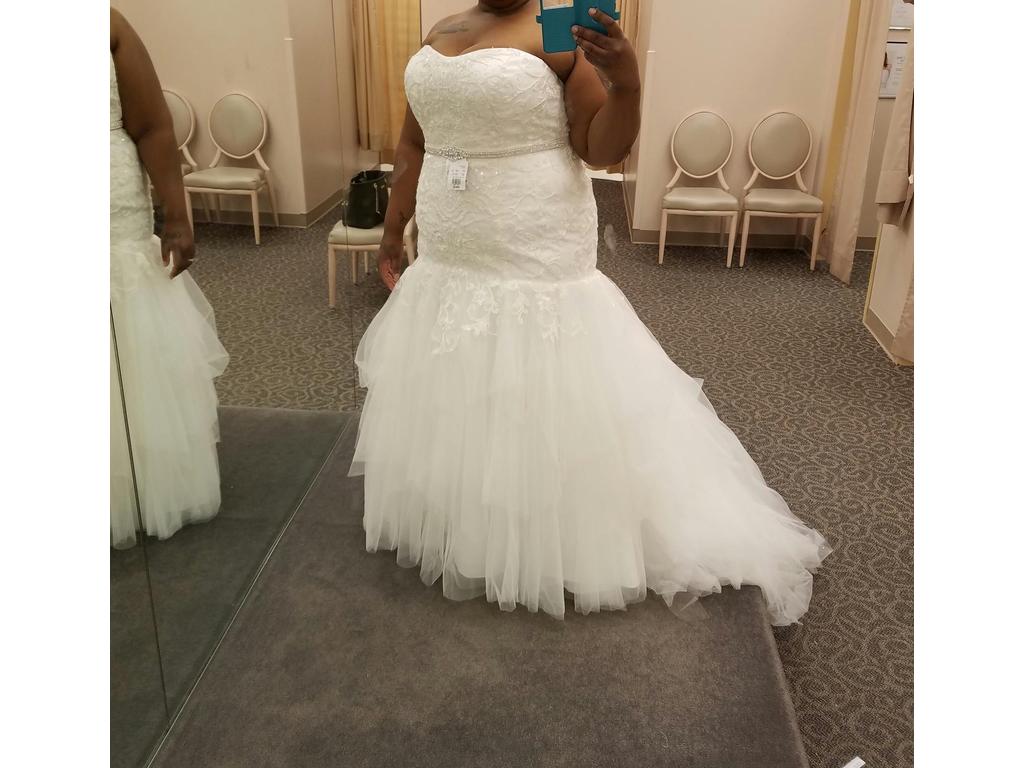 a strapless fit to flare lace plus size wedding gown