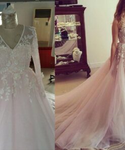 C2017-Belenger - Hayley Paige inspired plus size replica wedding dress with long sleeves in blush