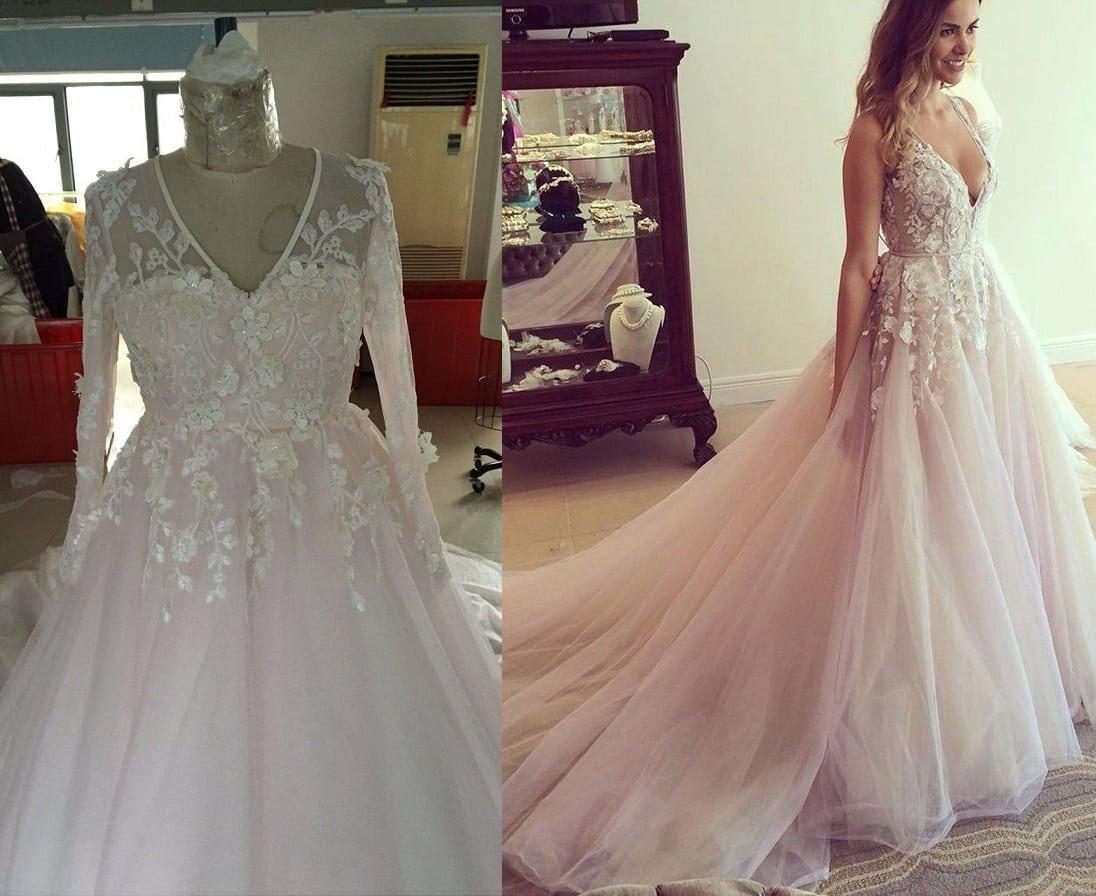 C2017-Belenger - Hayley Paige inspired plus size replica wedding dress with long sleeves in blush