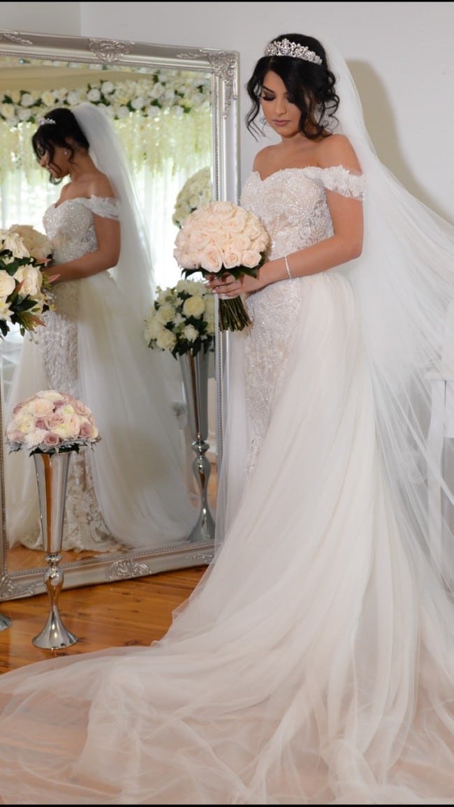 beaded off the shoulder designer wedding dress from Darius Bridal