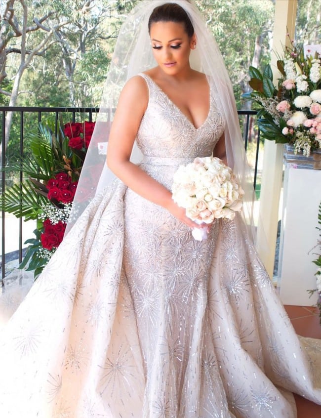 Crystal beaded bridal gown with over skirt from Darius Couture