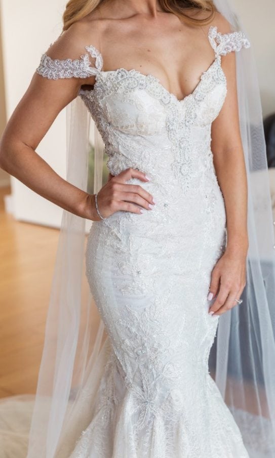 off the shoulder fit-to-flare pearl beaded lace wedding gown from Darius Bridal