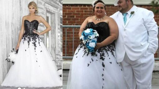 Darius Cordell black and white plus size wedding dress for Betty Laughlin