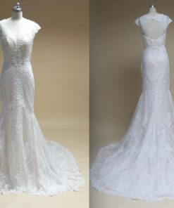 Style DW062 - Cap sleeve beaded lace wedding gowns with a v-neck line from Darius Cordell Fashion