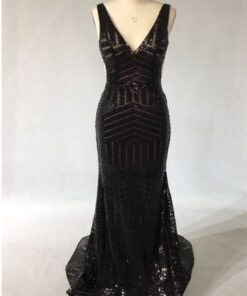 Sleeveless v-neck sheer black evening gown from Darius Cordell