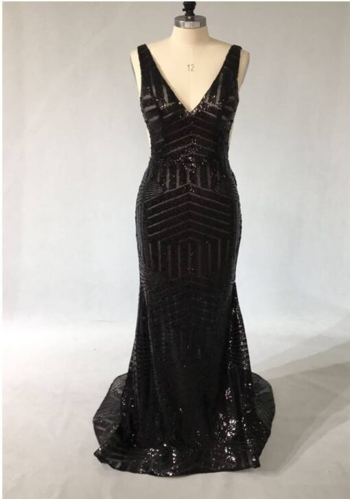 Sleeveless v-neck sheer black evening gown from Darius Cordell