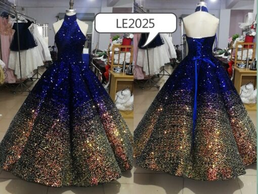 Style #LE2025 - Blue multi-sequin halter ball gown from Darius Cordell